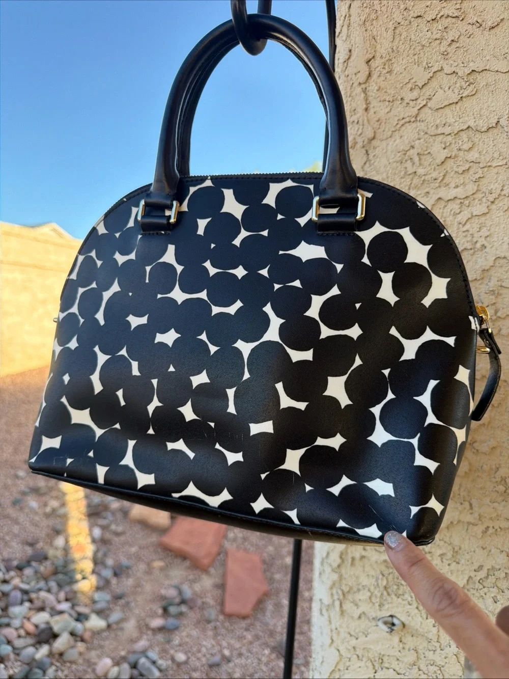 Kate Spade Black White Dot Print Dome Satchel Hand Bag M Medium